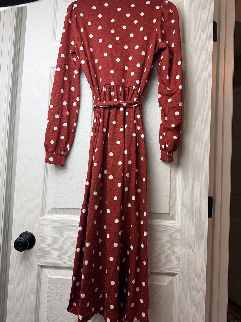 Boden Rust Red Polka Dot Long Sleeve Tie-Waist Midi Dress - Picture 9 of 15